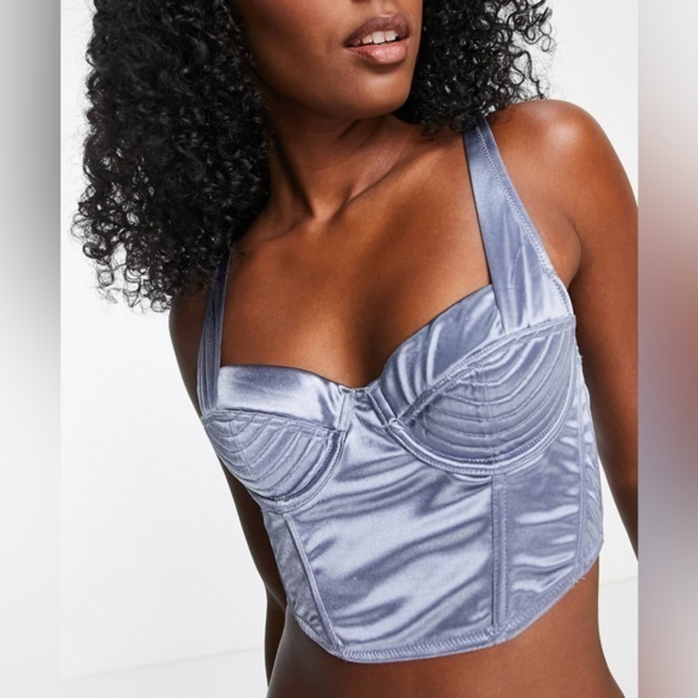 ASOS DESIGN Maia satin vintage stitch padded corset in blue‎ Size 34C